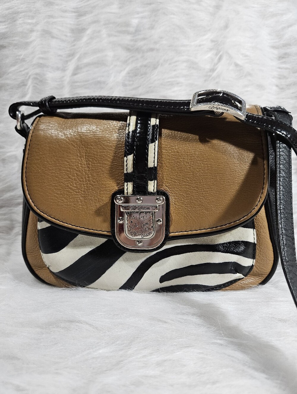 EUC Brighton Diva Naomi Tan and Black Zebra-Accent Crossbody 2011-13